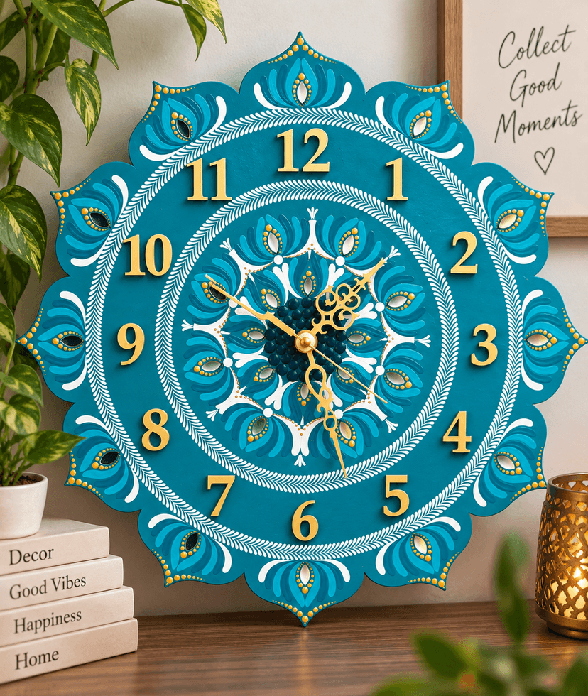 Handcrafted Mandala Wall Clock – Teal & Gold
